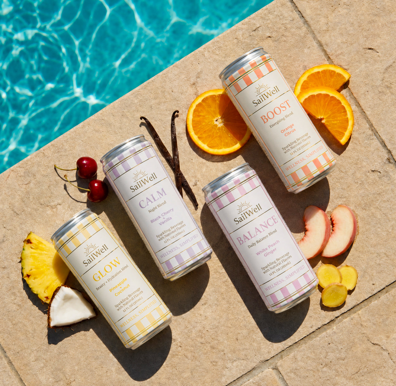Four SailWell sparkling beverage cans arranged poolside
